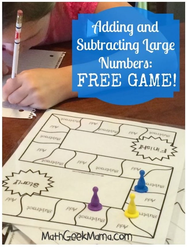 Free Add Subtract Large Numbers Game Board - Teach Junkie