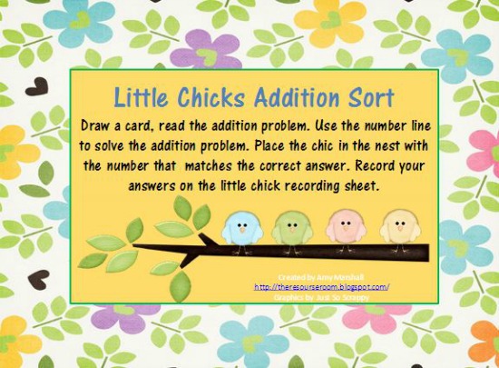 Teach Junkie: 16 Spring and Easter Math Ideas {Free Download} - Addition Sort