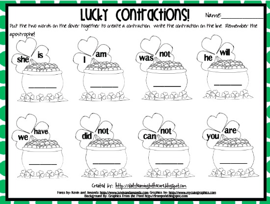 Teach Junkie: 4 St. Patrick's Day Language Arts {Free Download} - Lucky Contractions 