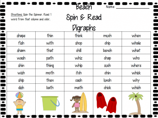 Printable Games {Teacher Created} on Teach Junkie - Spin and Read Digraphs – Beach Style {Free Download}