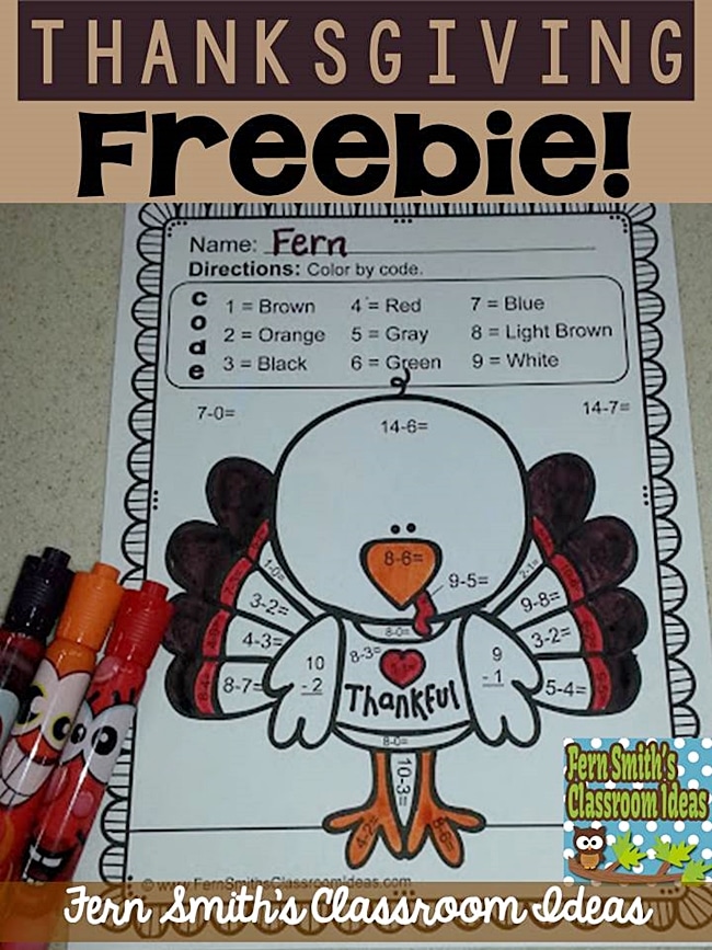 54 Fantastic Fall Thanksgiving Freebie - Basic Subtraction Coloring Worksheet - Teach Junkie