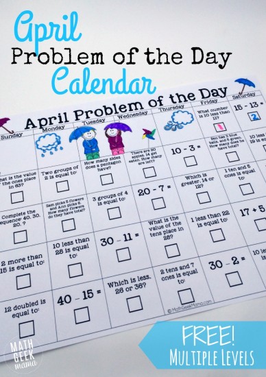 Free April Math Problem of the Day Calendar