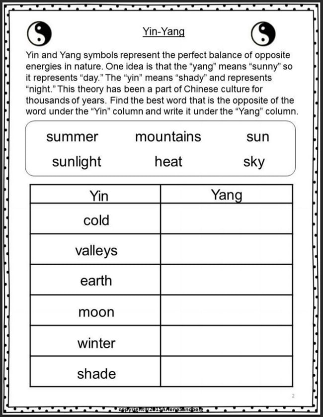The Yin & Yang of It All - Chinese New Year Antonym Worksheet