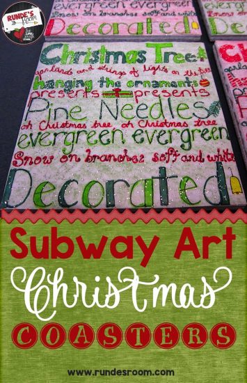 Covered in Glitter - Subway Art Christmas Coasters for students to give to parents as Christmas gifts