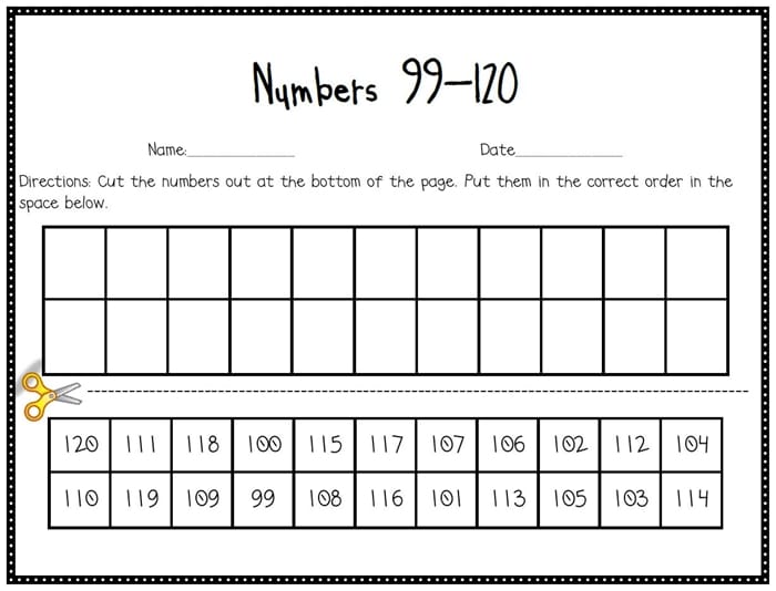 Numbers 100-120 Freebie sequencing worksheet