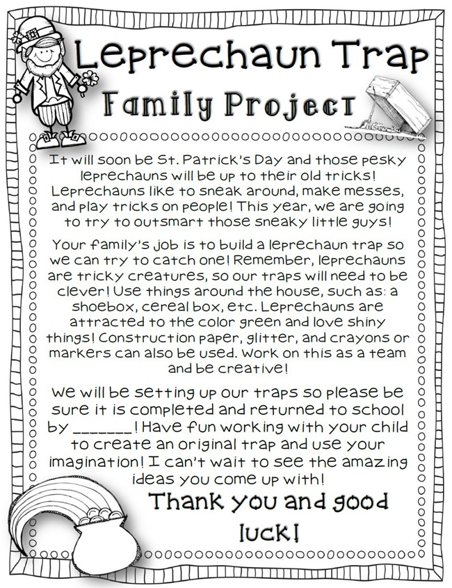 29 Zany St. Patrick's Day Learning Resources - leprechaun trap (parent letter) - Teach Junkie